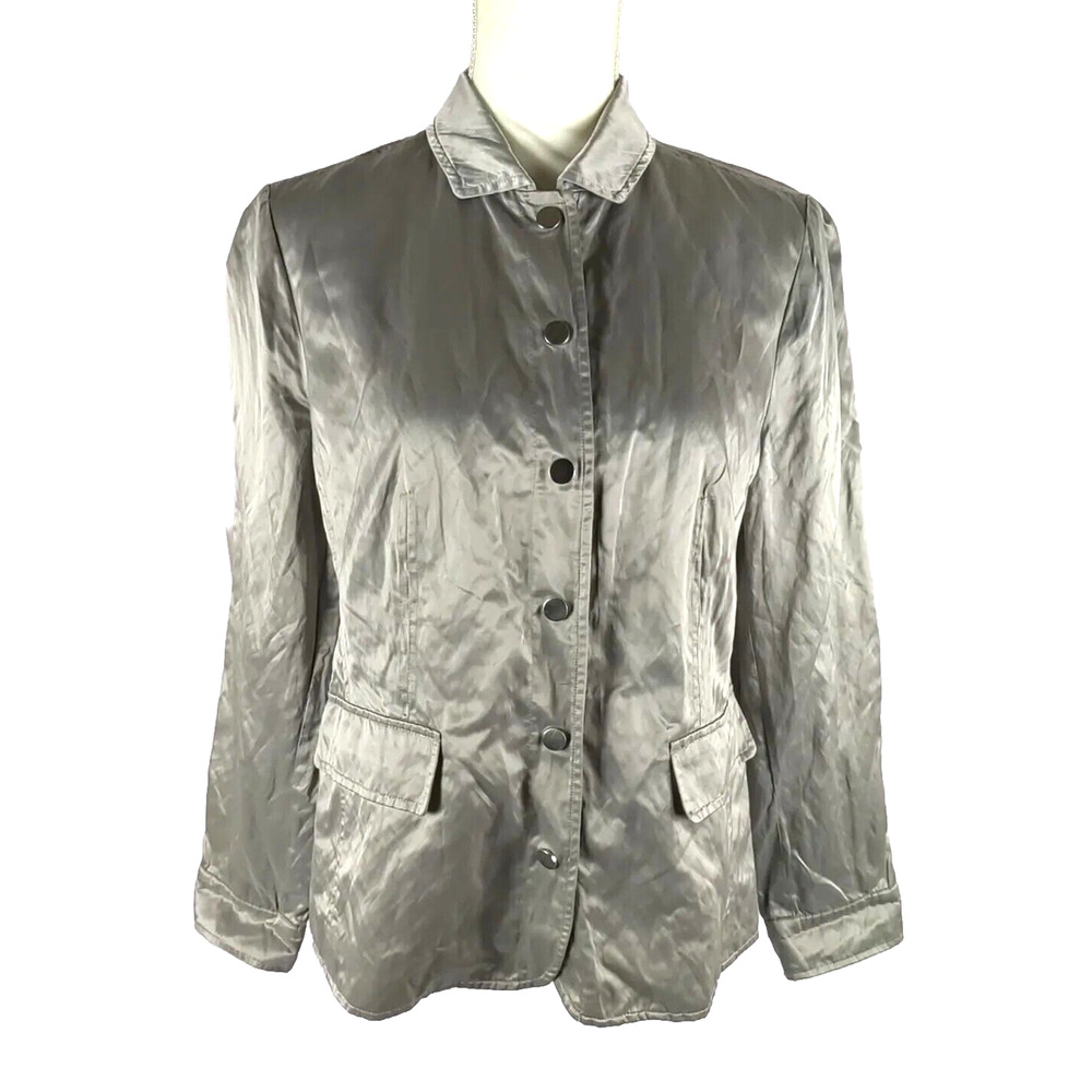 Chico's Women's Jacket Size 1 Gray Green Metallic Snap Long Sleeve Crinkle Y 2 K